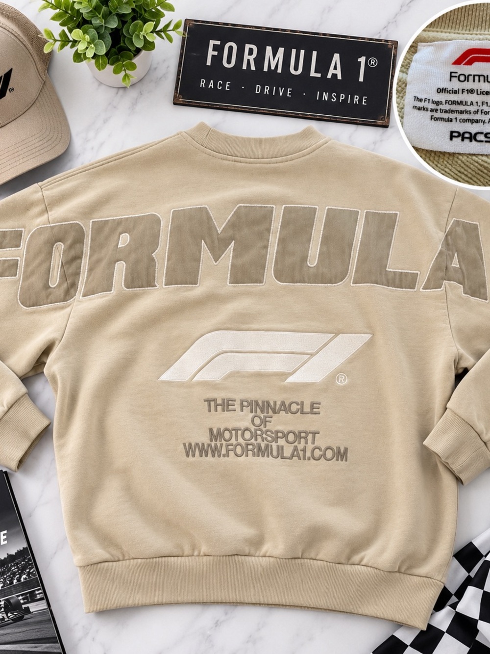 Formula 1 PacSun Cream Embroidered Crewneck Sweatshirt F1 Motorsport Streetwear